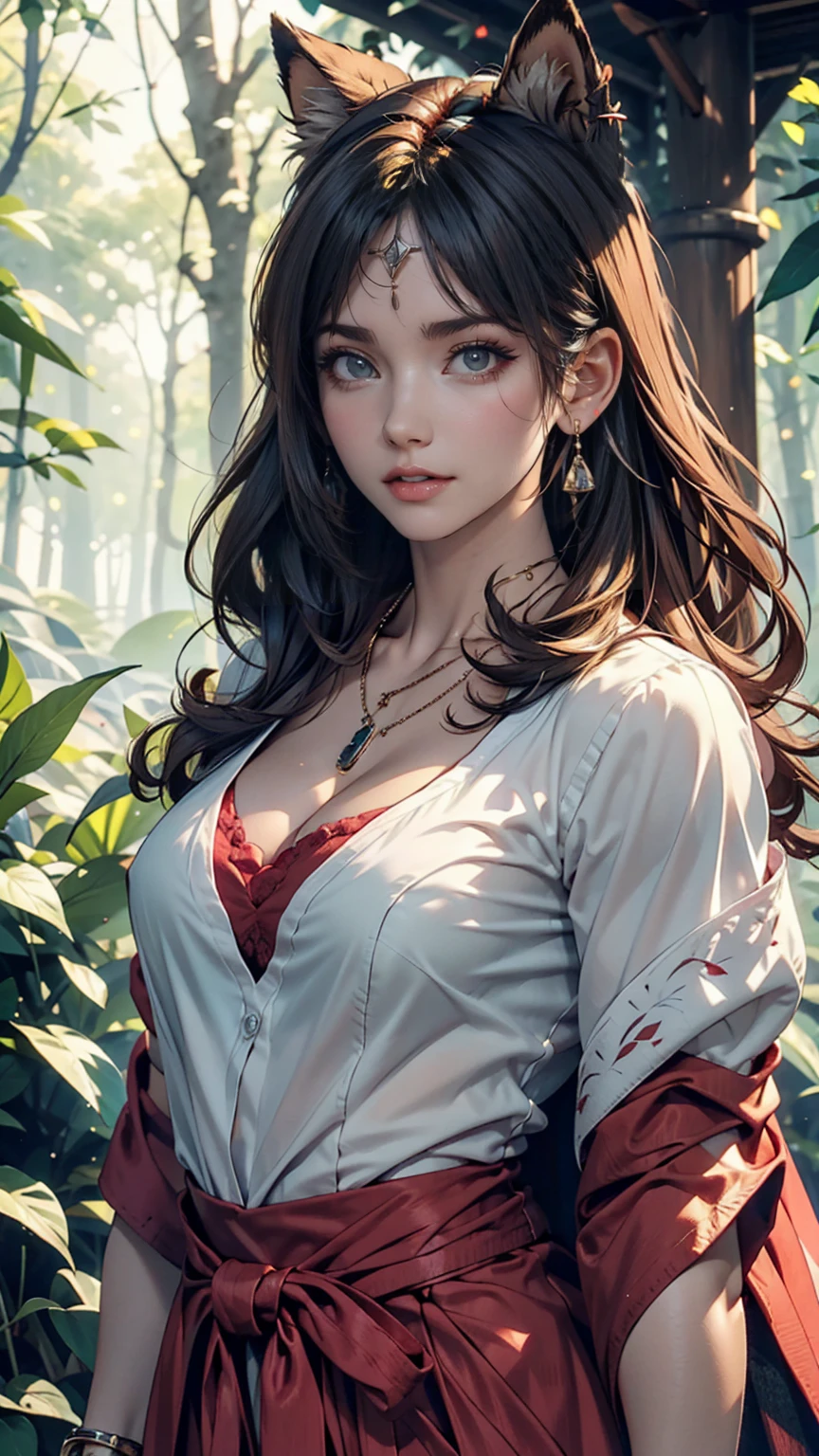 mj3d style,3dmm,3d,(masterpiece, Highest quality:1.1), Ghibli style, Mr. Miss. (mononoke hime), One person, Bracelet, bangs, Black Hair, black undershirt, chest, Cape, Circlet, Earrings, Face Paint, Floating Hair, forest, fur Cape, Green Eyes, jewelry, View your viewers, medium chest, nature, necklace, Outdoor, parted bangs, shirt, short hair, No sleeve, No sleeve shirt, alone, tooth necklace, wood, Upper Body, white shirt