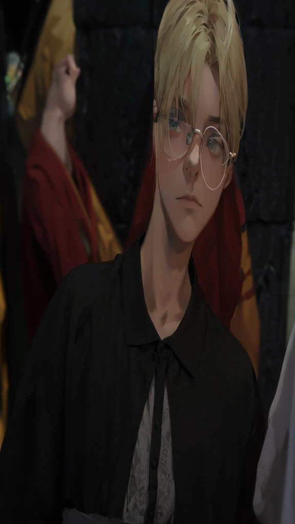 (best quality,4K,8ก,high resolution,Masterpiece:1.2),very detailed,(realism,photorealism,photo-realism:1.37),1 man,12 years,A man who is a child,very handsome,Without expression.,The body is proportionate.,Short golden blonde hair,ดวงตาสีฟ้าWearing a green robe,Wearing white-rimmed glasses,glare,A perfect face without any mistakes,Impressive gesture,Wizard,Wearing a green robe,castle background,movie light,Create HDR images,My hair is combed to one side.,