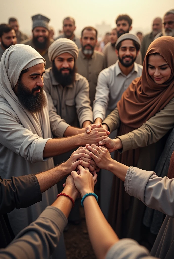 A powerful image of diverse people with different religions like muslim, christian and more holding hands