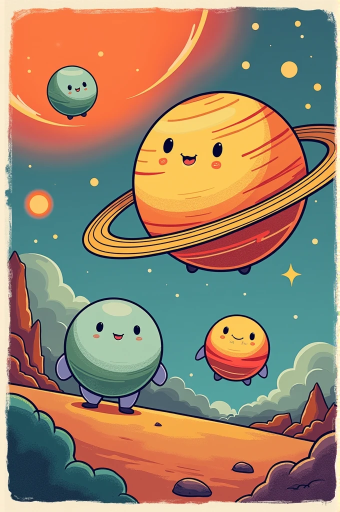 Simple planets, comic drawing style