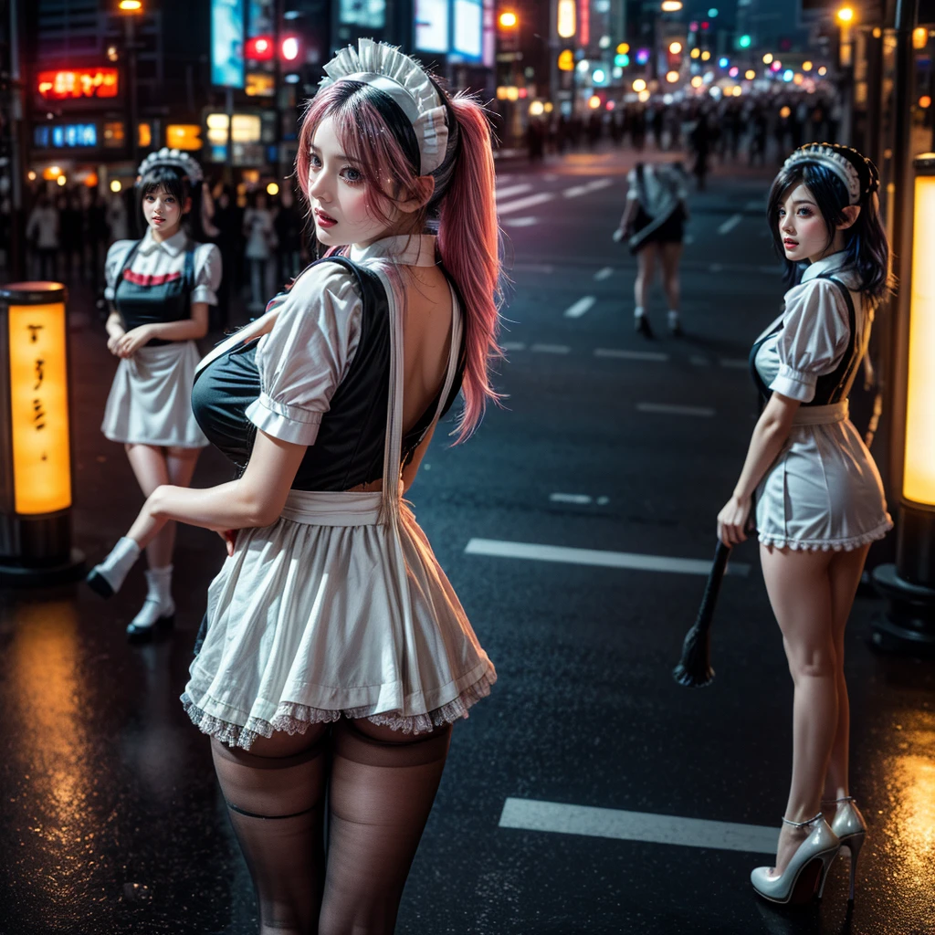 (Extremely Detailed(( Sexy Maid Group in a row:1.37))), KAWAII perfect face, Reflective Eyes, Detailed(Delicate Clothing textures), Correct graceful legs, Dynamic Joyful Expressions LifeLike Rendering, Specular Reflection, TopQuality 8K Ultra-detailed masterpiece (ProfessionalPhoto:1.37), (Acutance:0.8), (Luminism:1.28), ((Shibuya Scramble Crossing)), (Colorful Light particles), ((Full body from side)) {MicroMini Skirt|Kissing Face to Face|Thigh Gap|Cute Peach AssFocus|(NakedApron with SideBoob)}, Radiant Fine Skin with Transparency, {Pink Hair|LightBlue Hair|Pure White Hair|Blonde|Liquid Hair|Red HighHeels}, Perfect Lighting, {Huge screen Showing them|Dynamic Angle}