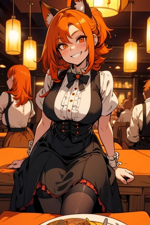 A young orange haired woman with copper eyes and an hourglass figure with orange fox ears and an orange fox tail in a ta maid uniform is smiling while setting a table in a fancy maid cafe