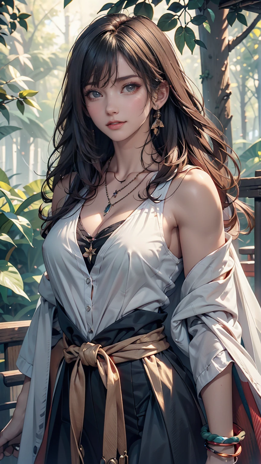 mj3d style,3dmm,3d,(masterpiece, Highest quality:1.1), Ghibli style, Mr. Miss. (mononoke hime), One person, Bracelet, bangs, Black Hair, black undershirt, chest, Cape, Circlet, Earrings, Face Paint, Floating Hair, forest, fur Cape, Green Eyes, jewelry, View your viewers, medium chest, nature, necklace, Outdoor, parted bangs, shirt, short hair, No sleeve, No sleeve shirt, alone, tooth necklace, wood, Upper Body, white shirt