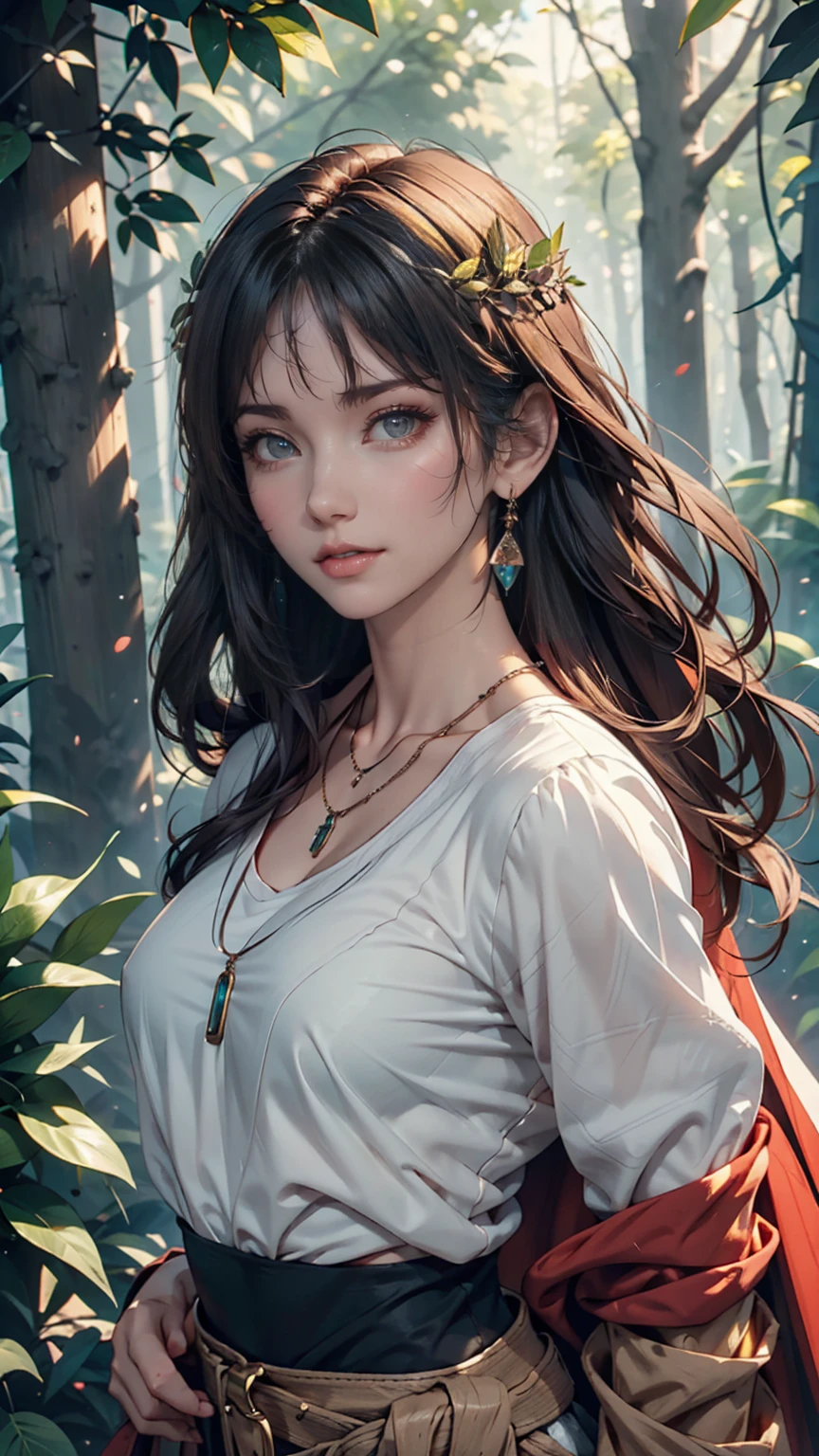 mj3d style,3dmm,3d,(masterpiece, Highest quality:1.1), Ghibli style, Mr. Miss. (mononoke hime), One person, Bracelet, bangs, Black Hair, black undershirt, chest, Cape, Circlet, Earrings, Face Paint, Floating Hair, forest, fur Cape, Green Eyes, jewelry, View your viewers, medium chest, nature, necklace, Outdoor, parted bangs, shirt, short hair, No sleeve, No sleeve shirt, alone, tooth necklace, wood, Upper Body, white shirt