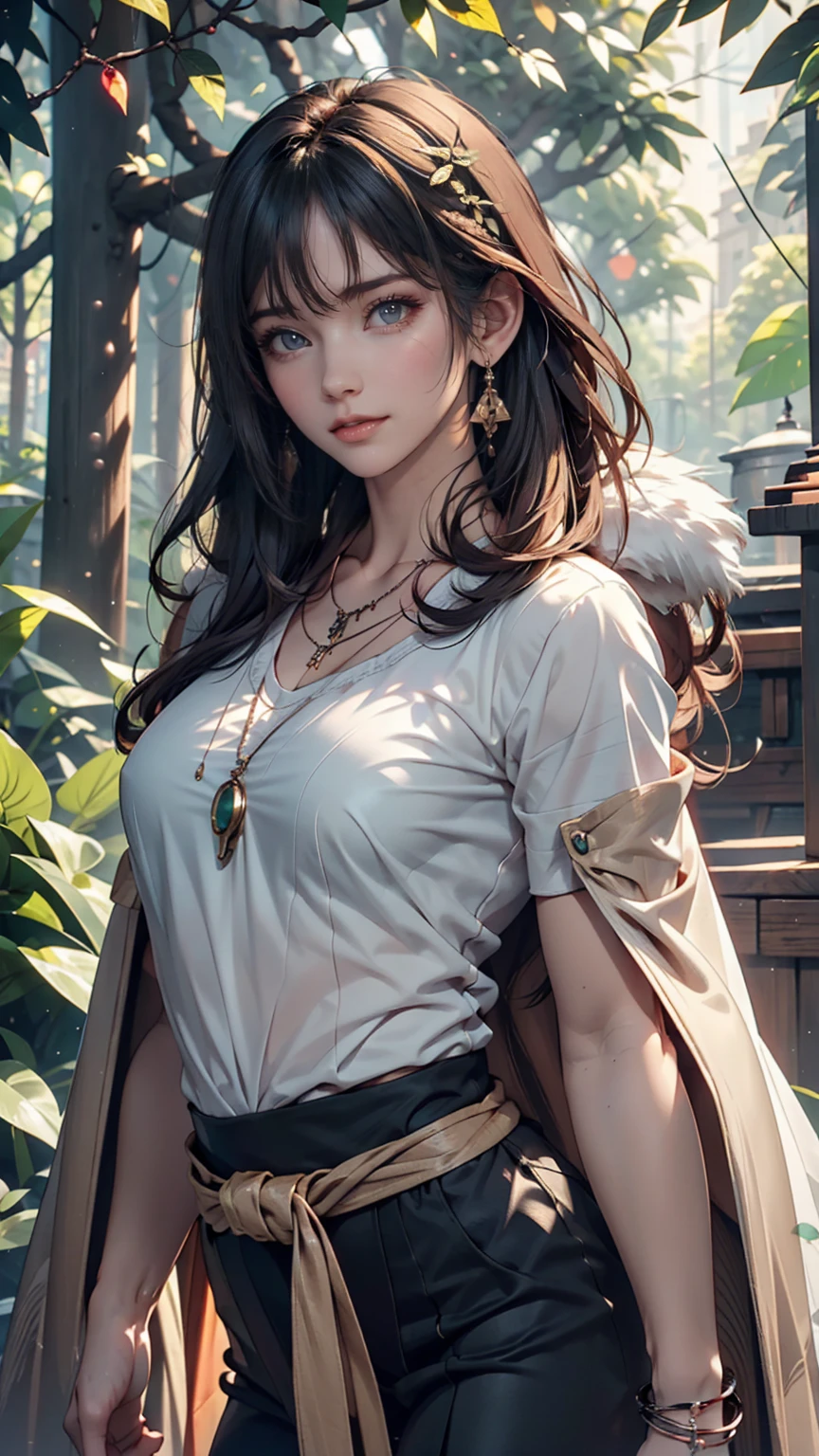 mj3d style,3dmm,3d,(masterpiece, Highest quality:1.1), Ghibli style, Mr. Miss. (mononoke hime), One person, Bracelet, bangs, Black Hair, black undershirt, chest, Cape, Circlet, Earrings, Face Paint, Floating Hair, forest, fur Cape, Green Eyes, jewelry, View your viewers, medium chest, nature, necklace, Outdoor, parted bangs, shirt, short hair, No sleeve, No sleeve shirt, alone, tooth necklace, wood, Upper Body, white shirt