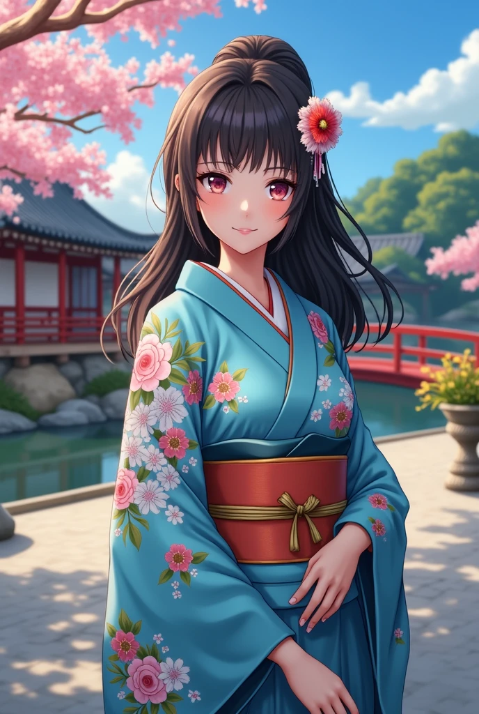 (masterpiece、Highest quality、8k、High resolution)、Traditional Japanese beauty in kimono、The best girl in anime、Floral pattern on white background、Vibrant colors、Japanese garden、There is a pond、Colorful flowers、Vibrant colors、Cherry Blossom、There is a drum bridge、A complete portrayal、Detailed anime art、