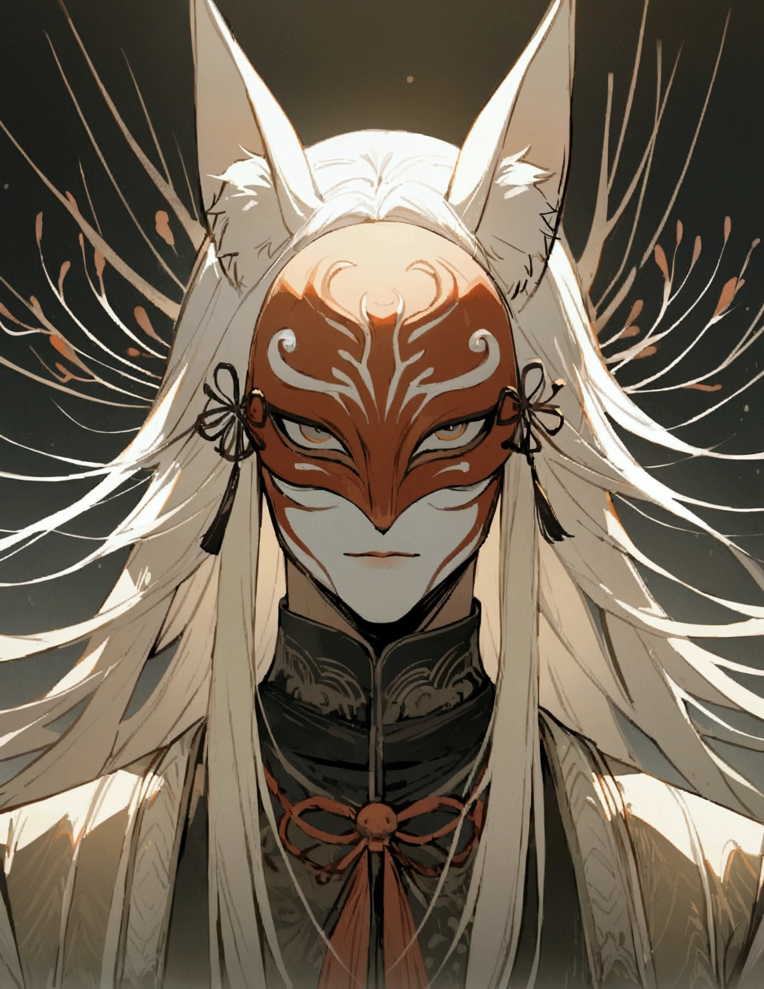 1boy, masculine, fox ears, white hair, long hair, masterpiece, illustration, chinese traditional style, face covered, masked, hannya mask, spider lillies, dark background, facing the viewer, upper body