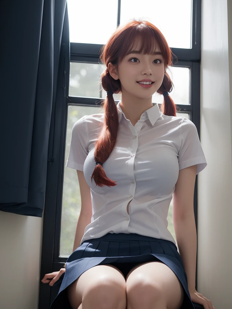 Star Eye, blush, Perfect lighting, Red-haired twin tails, Red eyes, Unreal Engine, Side light, Detailed face, bangs, White-skinned Japanese, 20-year-old women, Perfect figure, Transparency, Big Breasts, Thick thighs:1.5, Navy blue tie, Navy blue mini pleated skirt, Light blue shirt, Not a figure, Real women,, Stand sideways, Smiling with teeth showing, (Angle from below:1.5), The shirt is tight with Big Breasts, I'Iは自分のお尻を誇りに思っています, show white panties, Lift your legs, Sit on a chair and show your thighs,