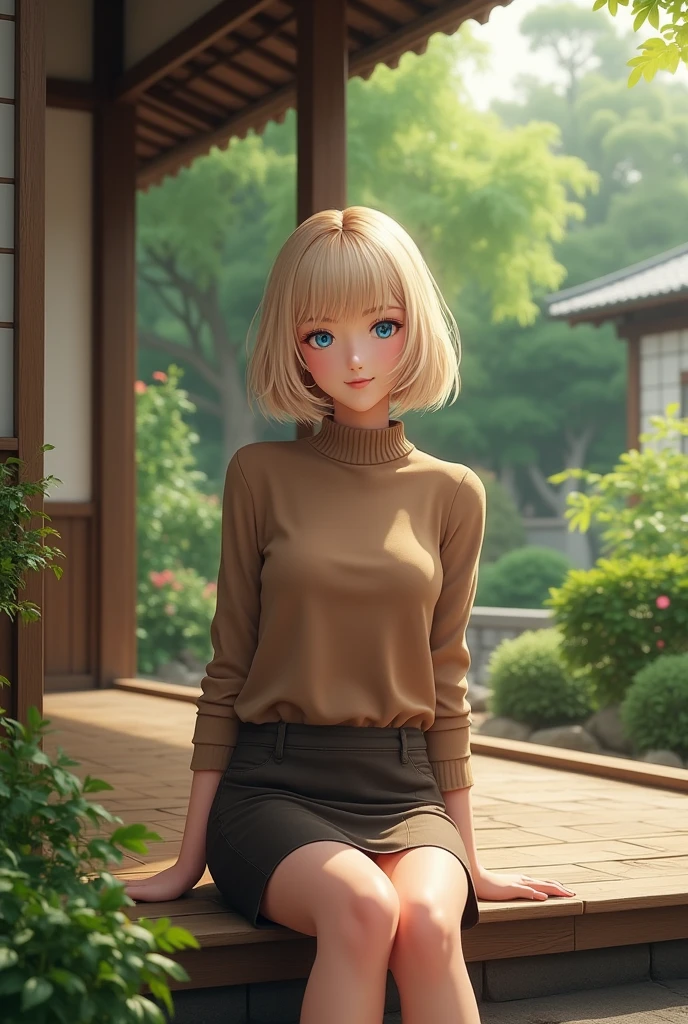 (photorealism:1.2), Anime woman, light blonde, wearing brown turtleneck sweater, wearing pencil skirt, short hair, smile, blue eyes, grown woman, full body, sitting on the porch, japanese style home, plants in the garden