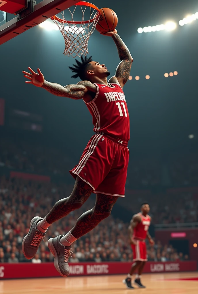 “A white basketball player with full-body tattoos, dressed in hip-hop style, performing a difficult dunk for the Liverpool team.”