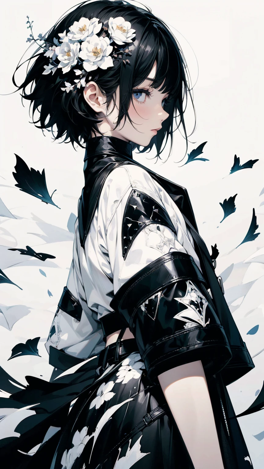Angle from below, woman with hands in pockets, Asymmetrical Short Hair, White Y-shirt and black leather pants combination, Collage with petals, abstract design, White background, Anime Style, Digital Painting, (masterpiece, High resolution, Highest quality)