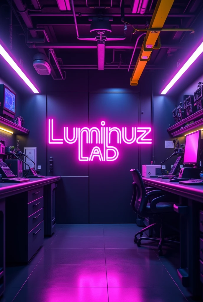 Crie uma logo, futuristic looking background, a closed room with lots of purple lights, yellow and blue. Black and detailed furniture and electronics.
In the center of the image, The title "LUMINUZ LAB." In neon purple color.