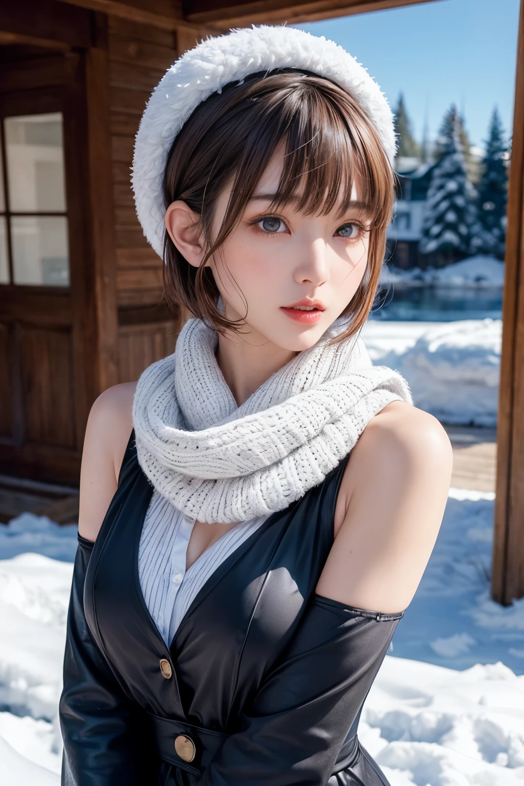 (masterpiece, Highest quality),One Girl, solo, Black-haired, scarf, hat, Realistic, Realistic, Looking at the audience, Light-coloured black eyes, Short brunette bob hair, Brown coat, Winter clothes, White headscarf, Lips, Bans, Plein Air, Mouth closed, Upper body、Big eyes、Eyelashes、((Beautiful landscape with sparkling snow))、(((Short bob hair with bangs、Shiny Hair、Big eyes、large full chest、Intensely accentuates the eyes、Staring at the audience、Beautiful beauty、Listen carefully、Long neck、Smile a little、Please close your mouth and laugh、Ideal body proportions)))、{huge|big|hugeな|Mega} chest:2, chestの谷間:2