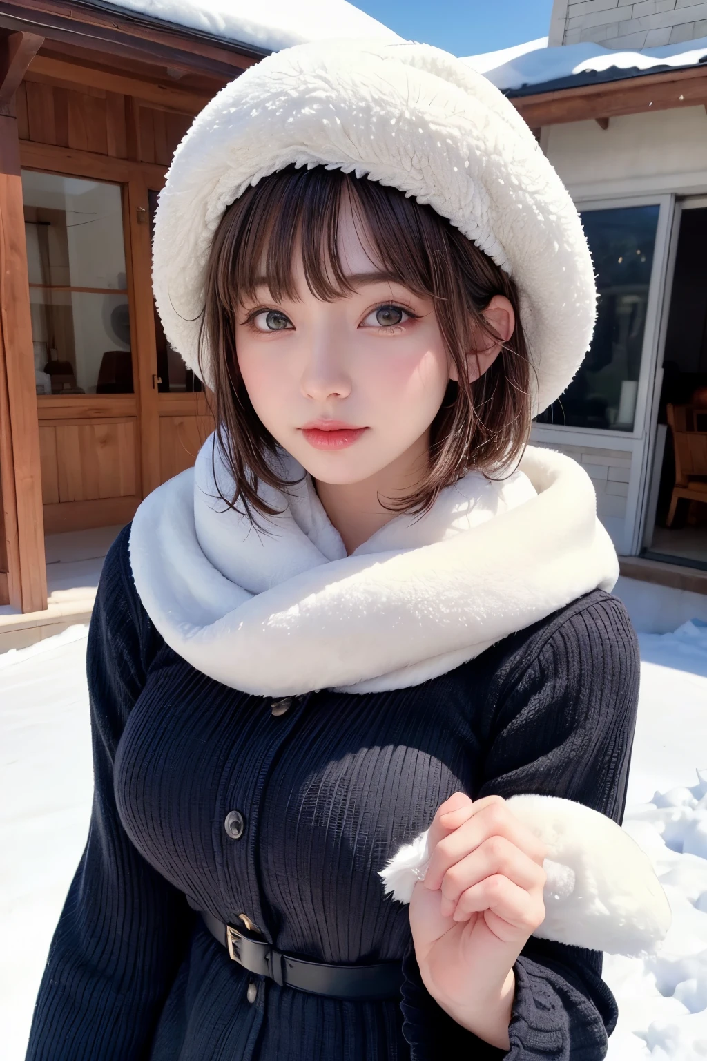 (masterpiece, Highest quality),One Girl, solo, Black-haired, scarf, hat, Realistic, Realistic, Looking at the audience, Light-coloured black eyes, Short brunette bob hair, Brown coat, Winter clothes, White headscarf, Lips, Bans, Plein Air, Mouth closed, Upper body、Big eyes、Eyelashes、((Beautiful landscape with sparkling snow))、(((Short bob hair with bangs、Shiny Hair、Big eyes、large full chest、Intensely accentuates the eyes、Staring at the audience、Beautiful beauty、Listen carefully、Long neck、Smile a little、Please close your mouth and laugh、Ideal body proportions)))、{huge|big|hugeな|Mega} chest:2, chestの谷間:2