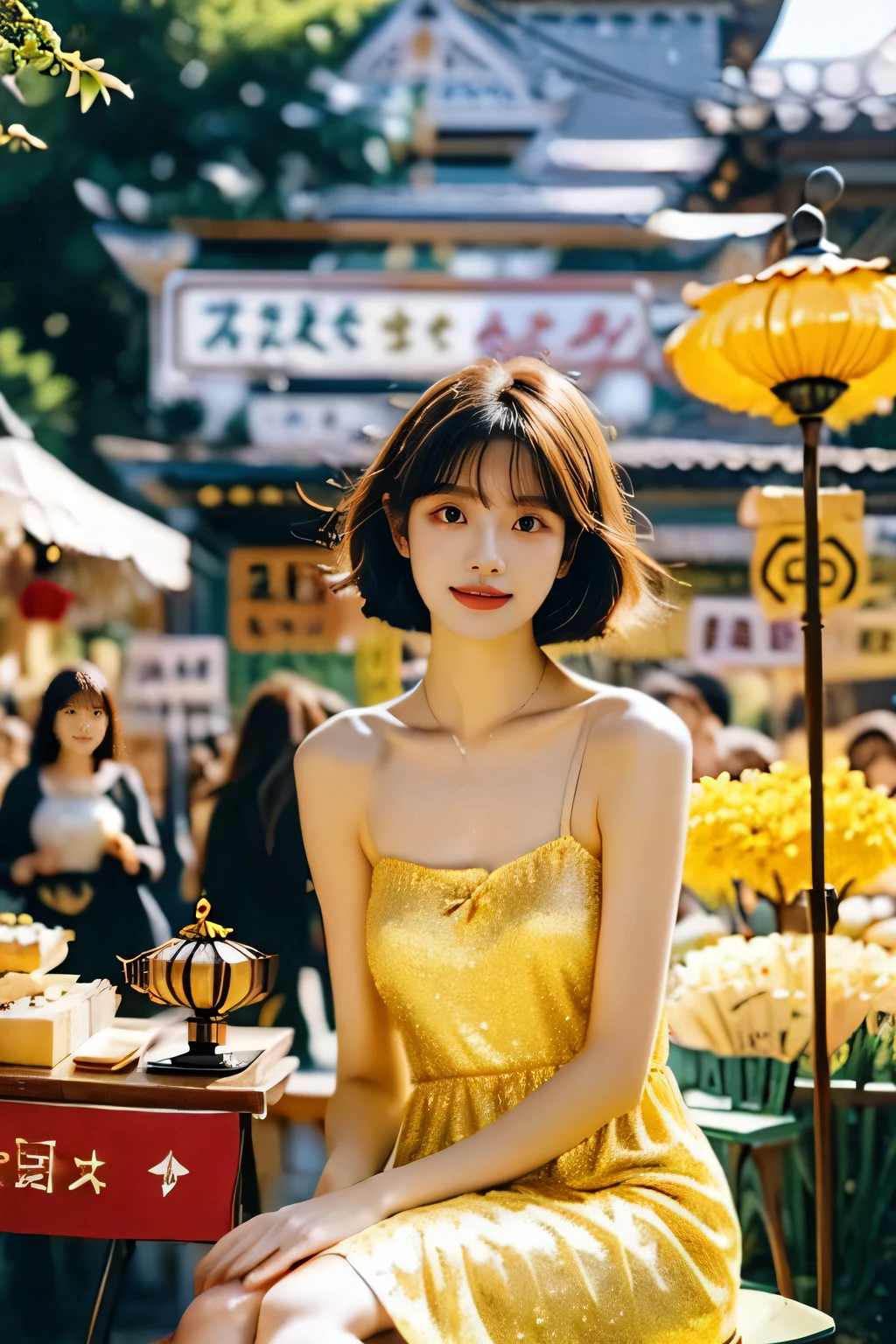 (((best quality))),(((Extremely detailed))),(((masterpiece))),illustration,((1 beautiful girl,Solitary)),(Shoulder-Length Straight Bob:1.2),((Slim,Thin)),((Small Breasts,flat chest)),Delicate face, flickering eyes,(Osmanthus flower dress:1.3),(Long legs:1.2),(stocking:1.3),(Sitting on a stool:1.3),Fair skin,(Bustling market:1.3),(A stall filled with mooncakes:1.3),curiosity,happiness,Promotion,Drive a hard bargain,Complex patterns,Mid-Autumn Festival atmosphere, Flaky, Smile, Sweet, Aroma, happinessful contrast, Salty skin, Eyes wide open, pleasure, explore,Excited, Box, happiness悦的期待, Festive mood, Vibrant atmosphere, Attractive appearance, lively scenes, Fascinating, Eternal Image,(outdoor:1.2),(Bright sunshine:1.3),(Day scene:1.3),((From the front,Upper Body)),(Surrounded by a crowd:1.3)