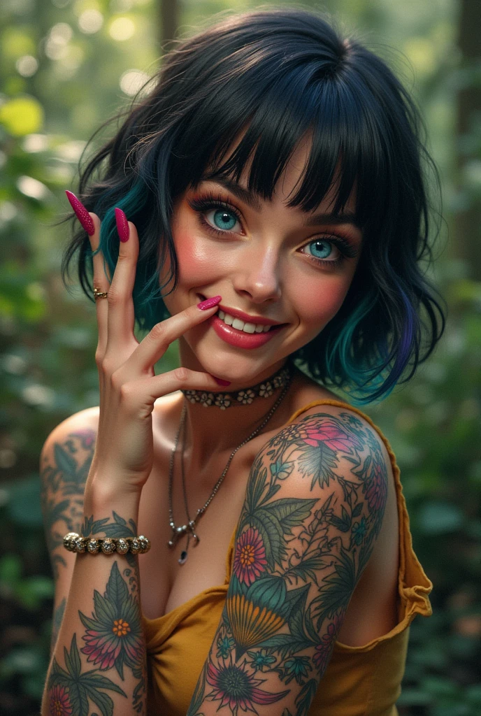 Woman, 30years, short black hair with colored tips, more alternative hippie, ironic smile, Fun look, involved with magic, blue colored eyes, big nails shoulder tattoos