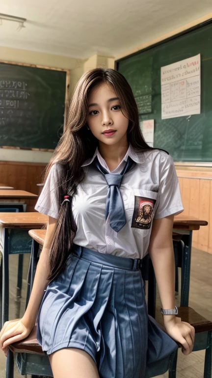 RAW, Best quality, high resolution, masterpiece: 1.3), Beautiful young indonesian girl, seductive pose, showing puffed breast, open legs showing vagina, sensual body, on a top of table of class room, ((senior high school clothes)), orgasm, highres, 4k, HDR, 1girl, photorealistic, realistic, big breasts, ((whole body)) turning away facial at viewer, closeup, class-room, misty,