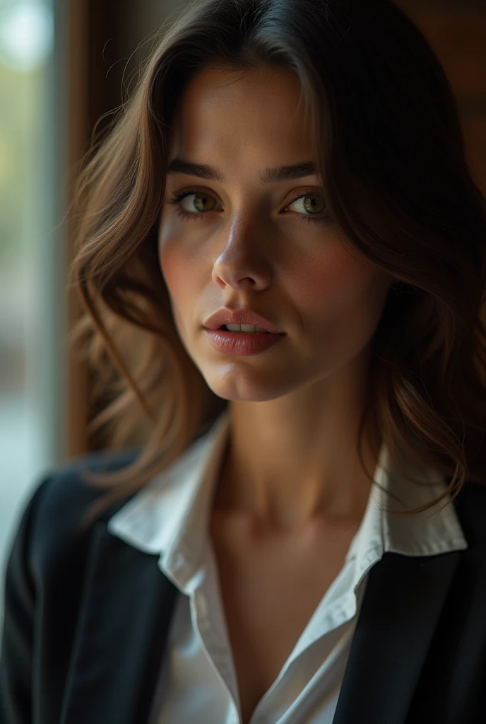 A close-up of a beautiful young lawyer's face, as she leans in to whisper something in my ear. She is wearing a fitted blouse and has a determined look in her eyes.