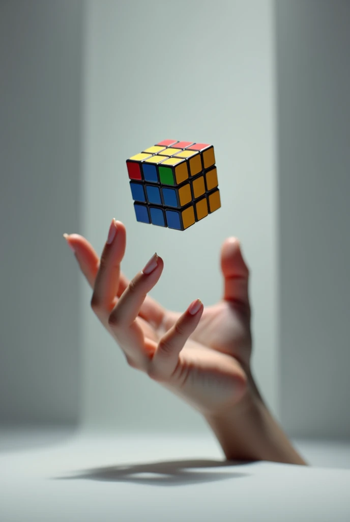 A hand holding a levitating Rubik's cube
