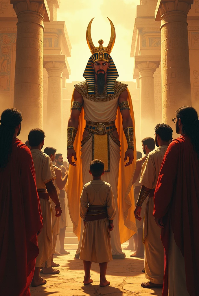 Make an Egyptian Pharaoh facing 10 surprised men and a young Hebrew, make it like a movie poster