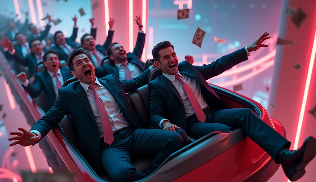 men in suits and briefcases, on a roller coaster, some laughing and others crying, with dollars in the air, neon colors