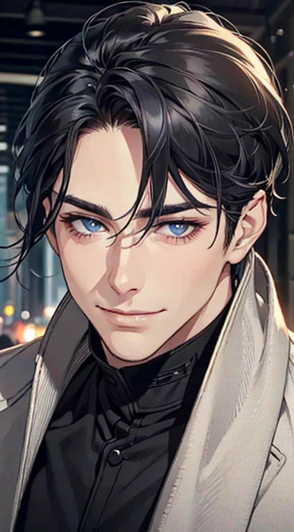 a mature man with short grey Black hair, blue eyes, 31 years, and a perfect face, smiling in love, CEO, cinematic lighting, 1:4 HDR image, top view, ultra detailed, best quality, masterpiece, 8K, photorealistic, beautiful image