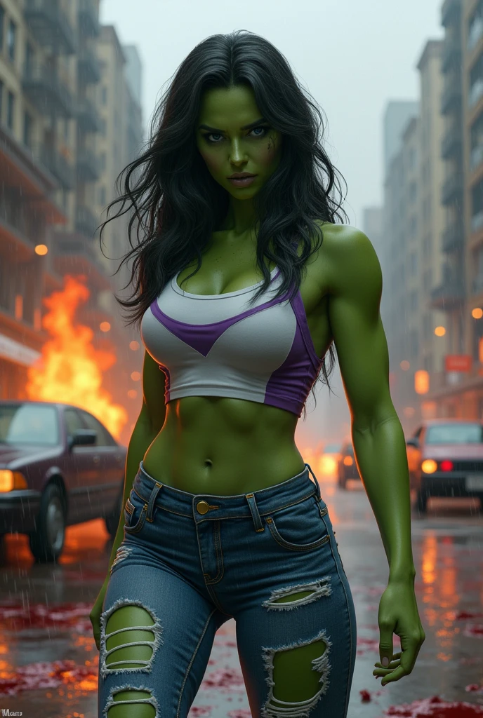 a beautiful woman (((Olive-green complexion all over his body))),(((long black hair))) Jennifer Walters aka She-Hulk in a white sports top with purple in the middle and some (((Bermuda jeans up to their knees ripped))) because of his big muscles on his knees screaming exhausted after an extensive battle in an apocalyptic and rainy city cars and buildings on fire blood around him strong and bloody images (((Olive green complexion all over the body))),(((Fingers of his hands without any deformity)))