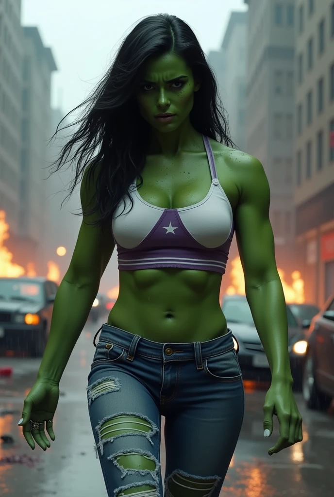 a beautiful woman (((Olive-green complexion all over his body))),(((long black hair))) Jennifer Walters aka She-Hulk in a white sports top with purple in the middle and some (((Bermuda jeans up to their knees ripped))) because of his big muscles on his knees screaming exhausted after an extensive battle in an apocalyptic and rainy city cars and buildings on fire blood around him strong and bloody images (((Olive green complexion all over the body))),(((Fingers of his hands without any deformity)))