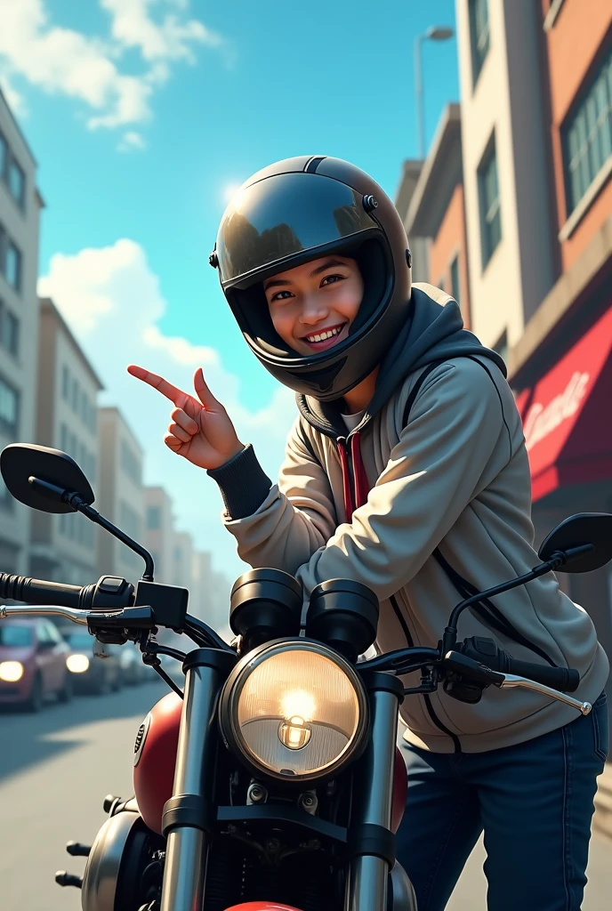 horizontal image of a motorcyclist leaning against a parked motorcycle, wearing a helmet with an open visor, where you can see your face with a happy expression, he is in front, and pointing his index finger at his helmet. in the background there is a street with several cars and buildings. The sky is blue and sunny.