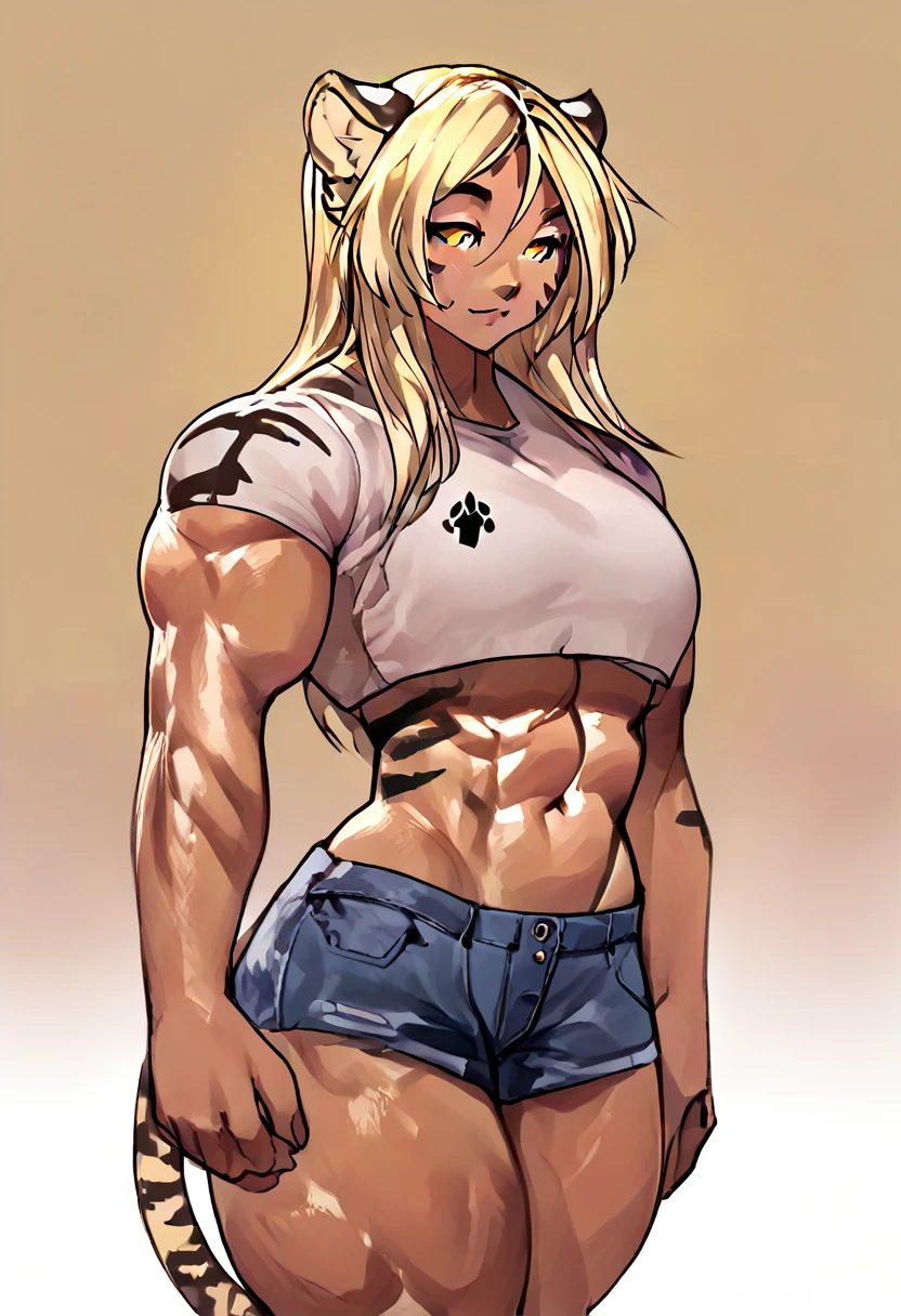 score_5_up, 1girl, solo, wearing (crop top, shorts), tiger ears, dark-skinned female, muscular female, tiger tail, striped, blonde hair, yellow eyes
