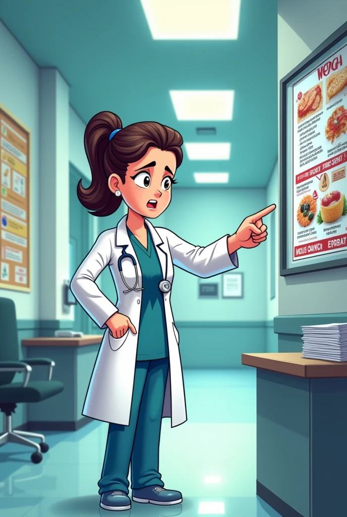Create a cartoon of a female surgeon pointing her finger at an advertisement that says: WOGA clinic CATALOGUE