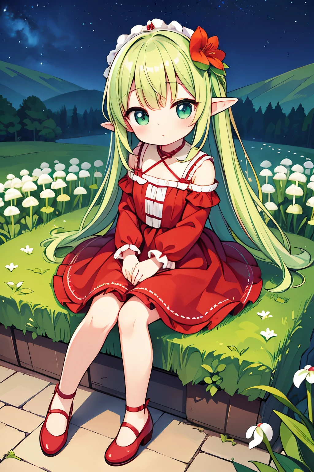 Photorealistic、Chibi Doll(Two people、Red dress and green dress、Elf、sleepy、Mouth slightly open、hair ornaments、Sitting、Cute Shoes)、Lily of the valley hill、night
