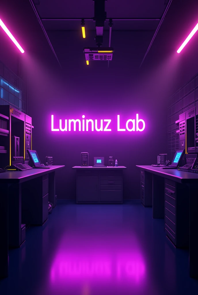 Crie uma logo, futuristic looking background, a closed room with lots of purple lights, yellow and blue. Black and detailed furniture and electronics.
In the center of the image, The title "LUMINUZ LAB." In neon purple color.
Image 3000x3000 px