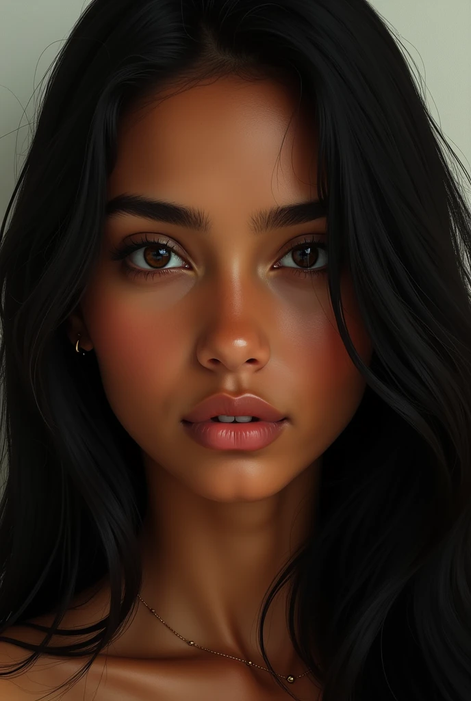 A Brazilian woman with long, straight black hair, slightly dark skin, sunburn-like, small black eyes reminiscent of an indigenous person, nice nose and common face a little full, thin lips