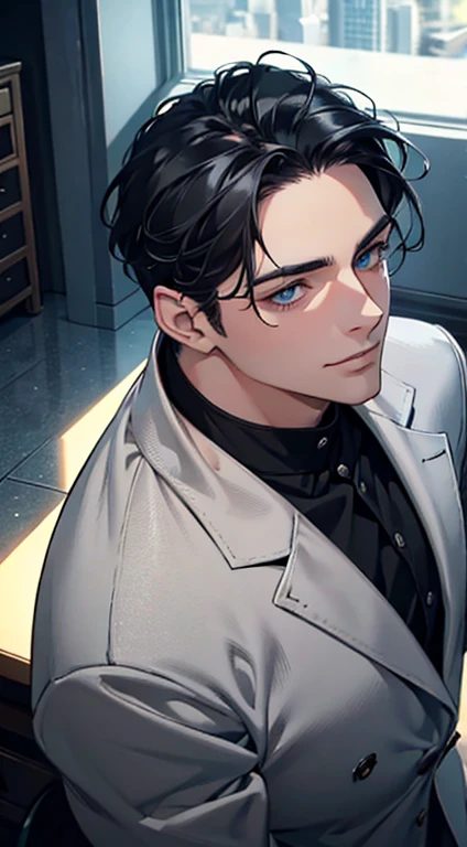 a mature man with short grey Black hair, blue eyes, 31 years, and a perfect face, smiling in love, CEO, cinematic lighting, 1:4 HDR image, top view, ultra detailed, best quality, masterpiece, 8K, photorealistic, beautiful image