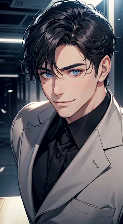 a mature man with short grey Black hair, blue eyes, 31 years, and a perfect face, smiling in love, CEO, cinematic lighting, 1:4 HDR image, top view, ultra detailed, best quality, masterpiece, 8K, photorealistic, beautiful image