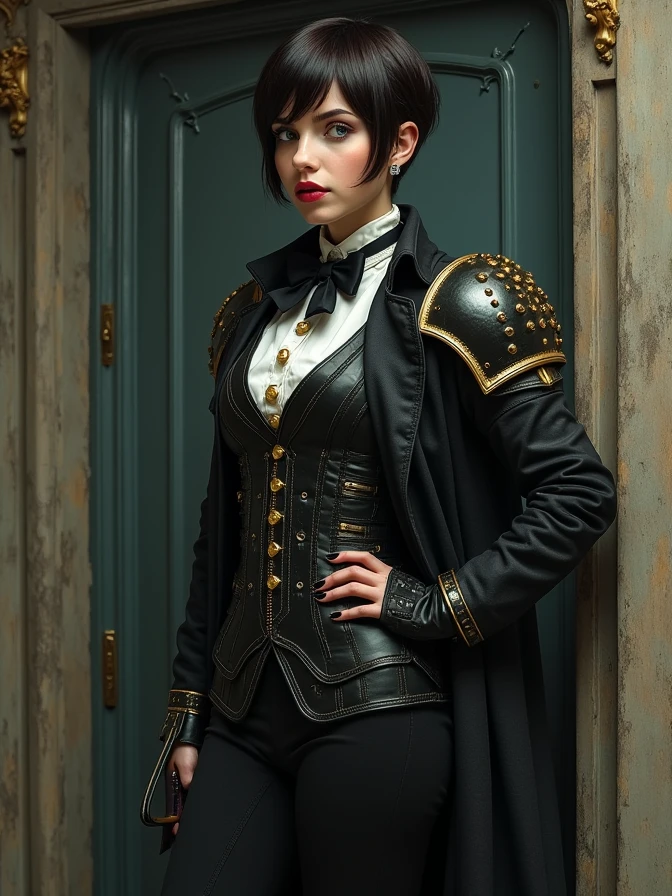 full body shot of one Beautiful woman. dark brown hair, pixie haircut. blue eyes. daring outfit. goth tomboy. maidenly charm. butler sirt and bowtie under Knightly cyber armor. golden accessories. Napoleonic trenchcoat. Dark sci-fi. Warhammer 40k. Dieselpunk. baroque oil painting.