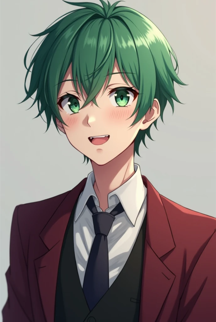 More mature anime style image. A gray background image. Teenager with short green hair and eyes the same color. He is a friendly person, with a cheerful and captivating smile. He wore a white dress blouse with a loose tie, a black vest under a dark red blazer and black pants.
