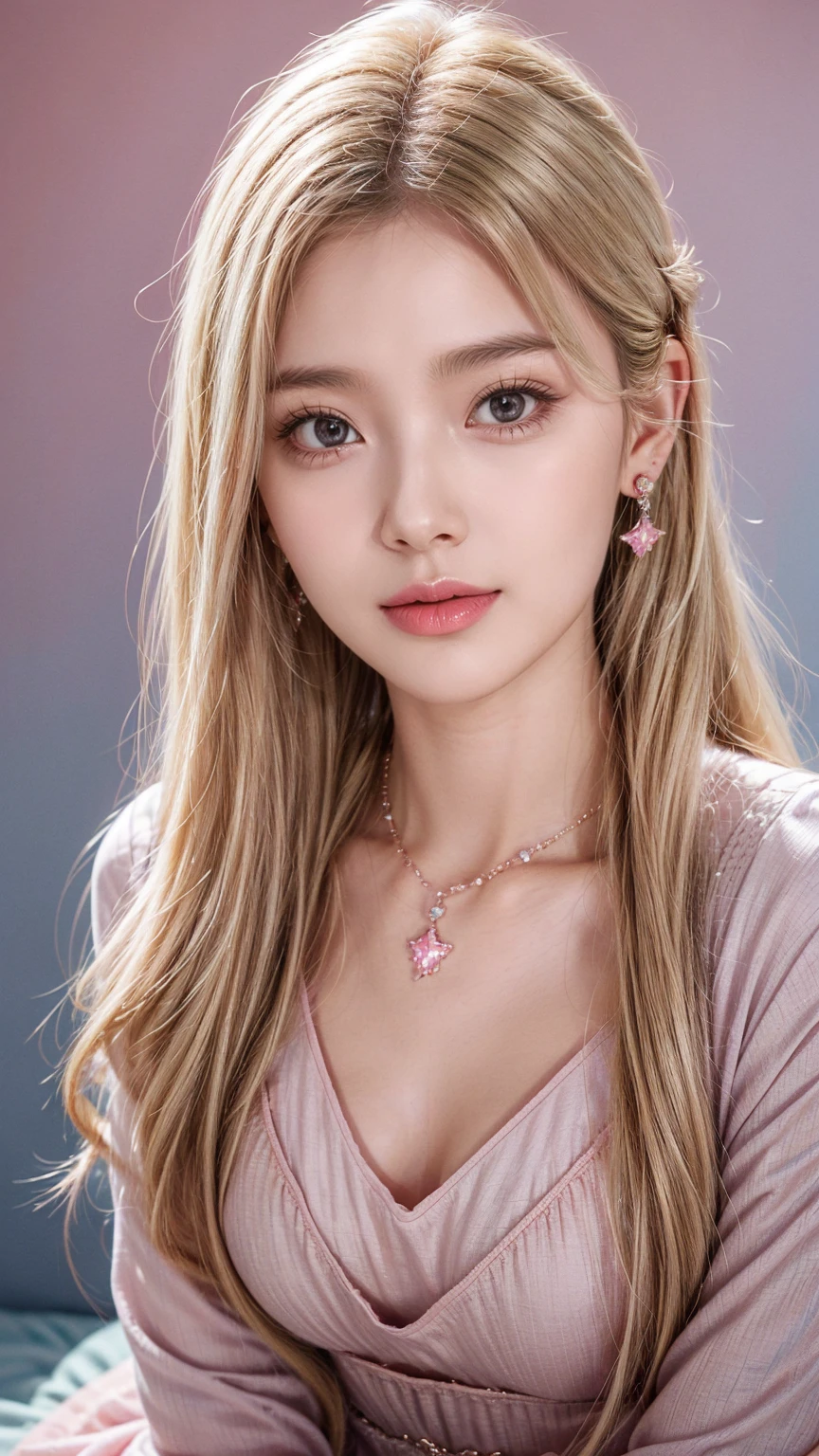 1girl,star blue eye,blush,perfect illumination,upper body,blonde hair,long hair,jewelry,gradient pink background,pink dress,earrings,pink dress,realistic,necklace,looking at viewer,tiara,pink lips,light smile,unreal engine,side lighting,detailed face,bangs,bright skin
