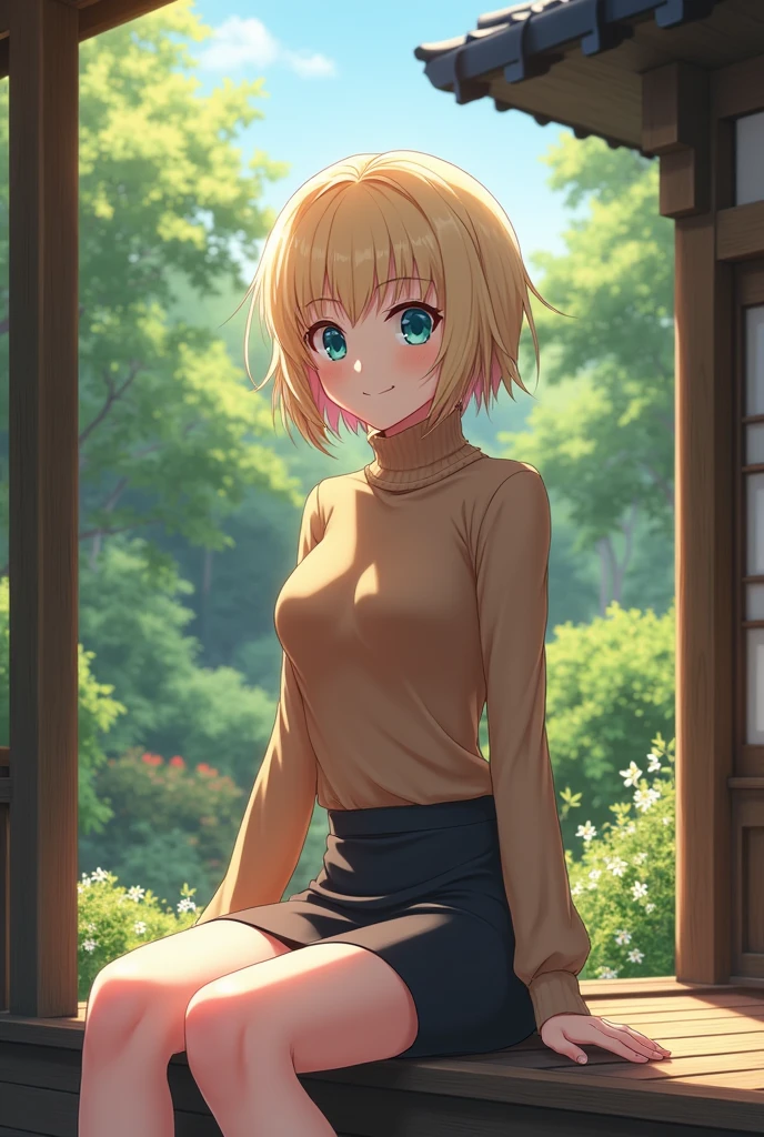 (photorealism:1.2), Anime woman, light blonde, wearing brown turtleneck sweater, wearing pencil skirt, short hair, smiling, blue eyes, grown woman, full body, sitting on the porch, japanese style home, plants in the garden