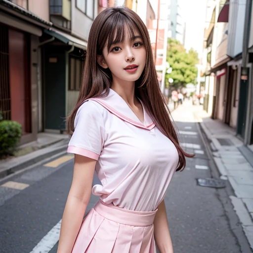 laughing out loud,pink collar, Wear student sailor uniform, Sailor uniform is white with pink collar,pink collar子,Pink pleated skirt,Pink navy collar,(knee shot), 1 girl, On the face, light brown hair, blunt bangs, hair behind ears, Hair over the shoulders, long hair, Slender body type, Super thin face, face slimming, delicate lips, beautiful eyes, Thin blush, Eyes are light brown,Check it out here, (realistic:1.3), Standing next to a Japanese street, 8k, , Super detailed, high quality, best quality, High resolution, ,Large Breasts,H CUP, 3