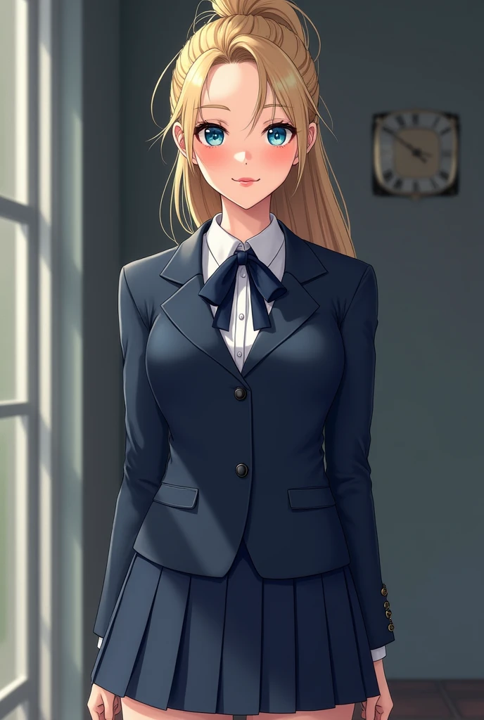 The young woman maintains her oval and delicate face, with a clear and luminous skin that enhances her fine features. her blue eyes, bright and expressive, they continue to be the center of attention, while her golden blonde hair is pulled back in a high ponytail, giving it a sporty yet elegant feel. Her skin glows with a healthy tone, and her rosy lips have a touch of natural freshness. The girl wears a navy blue uniform consisting of a pleated skirt that reaches just above her knees and a matching blazer, that fits perfectly on her slender figure. Under the blazer, she wears a white round-neck blouse, and a navy blue ribbon that adds an elegant touch to the outfit. His shoes are black patent leather, with white socks that give her a classic and well-presented air.