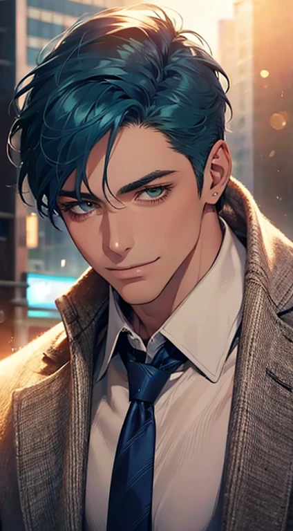 (Highest quality,4K,8K,High resolution,masterpiece:1.2),Super detailed,(Realistic,photoRealistic,photo-Realistic:1.37),1 personld,Mature Men,Beautiful skin、very handsome,Expressionless smile in love,Short blue hair,green eyes,Sharp Eyes,A perfect face without a doubt,Businessman, CEO, Office Background,Cinema Lighting,HDR image,tie、