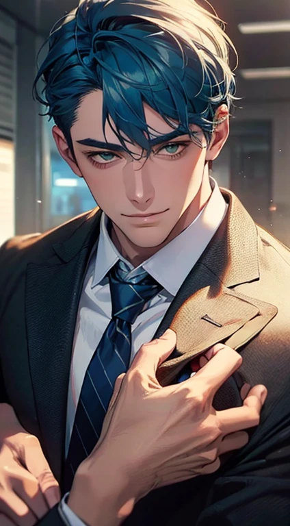 (Highest quality,4K,8K,High resolution,masterpiece:1.2),Super detailed,(Realistic,photoRealistic,photo-Realistic:1.37),1 personld,Mature Men,Beautiful skin、very handsome,Expressionless smile in love,Short blue hair,green eyes,Sharp Eyes,A perfect face without a doubt,Businessman, CEO, Office Background,Cinema Lighting,HDR image,tie、
