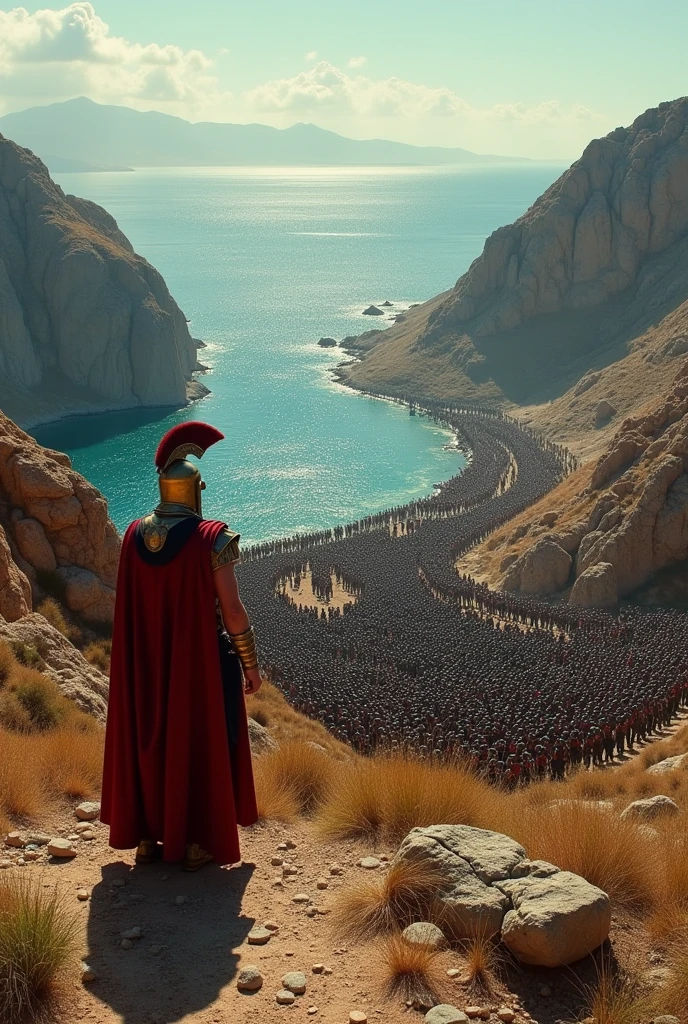 Battle of Thermopylae, top view as if being filmed by a helicopter, the image must highlight the great difference between the Spartan army containing 300 soldiers and the Persian army containing one million soldiers, the Persian soldiers must wear black armor
