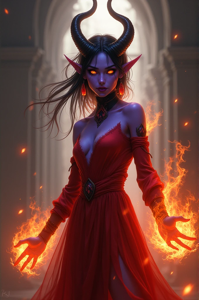 A young-looking sorceress of the tiefling race, purple skinned, four eyes, fire powers, orange and black eyes, with a red dress, with pointy ears wearing earrings, with a slightly athletic body, with large canines