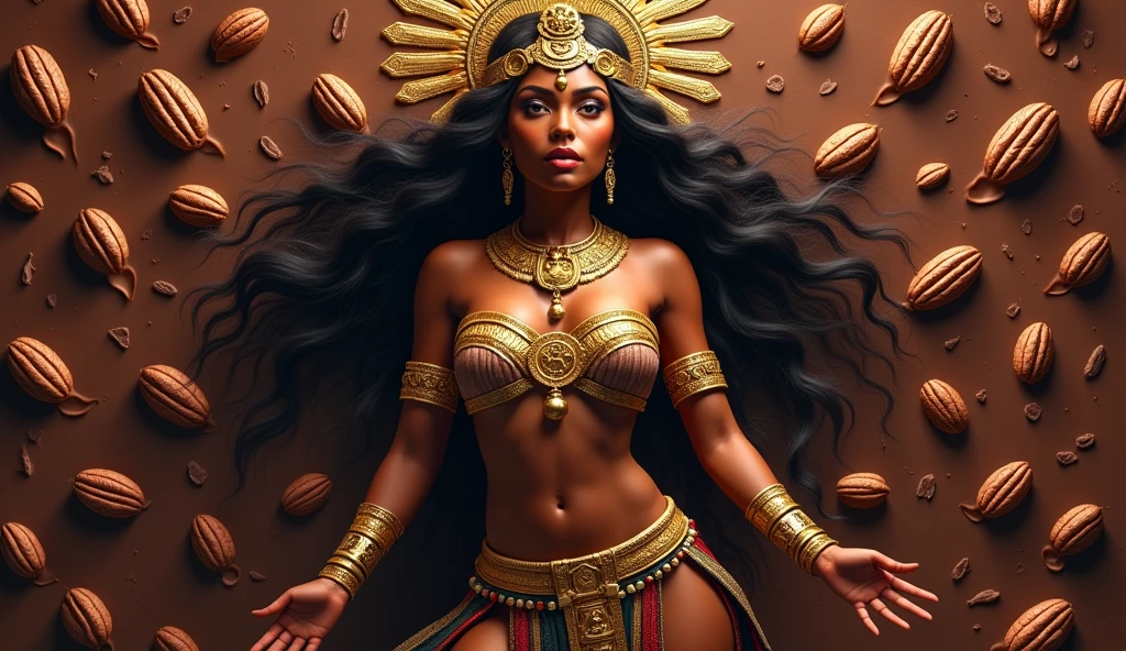 Mayan goddess IXCACAO,  dark-skinned goddess in Mayan clothing using gold, chocolate goddess, of fertility, of abundance and agriculture. in the background cocoa beans and melted chocolate