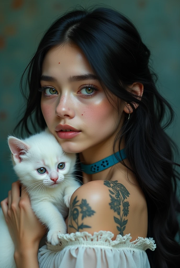 1girl, facing the camera, solo, long hair, slight smile, green eyes, tattoos, blue jewelry, closed mouth, black hair, earrings, lace chocker, blue lips, animal, holding a white kitten, kitten, looking up, portrait, freckles, on head, animal on head, cat on her head,