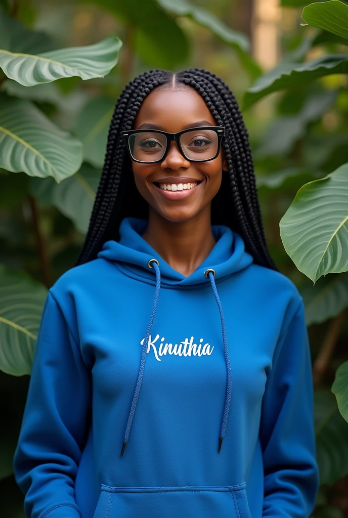 (photorealism:1.2), beautiful black African woman,22 years,sharp boobs, smiling wearing a fitting blue hoodie written "Kinuthia",long braids, black oversized photo chromatic glasses, standing , plants in background cardi B inspiration