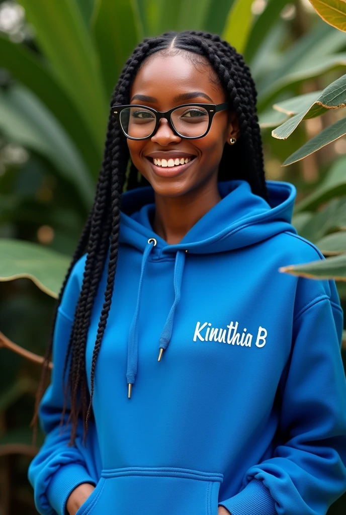 (photorealism:1.2), beautiful black African woman,22 years,sharp boobs, smiling wearing a fitting blue hoodie written "Kinuthia",long braids, black  oversized photo chromatic glasses, standing , plants in background cardi B inspiration 